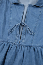 Dusk Blue Denim Lapel Neck Balloon Sleeve Tied Peplum Top
