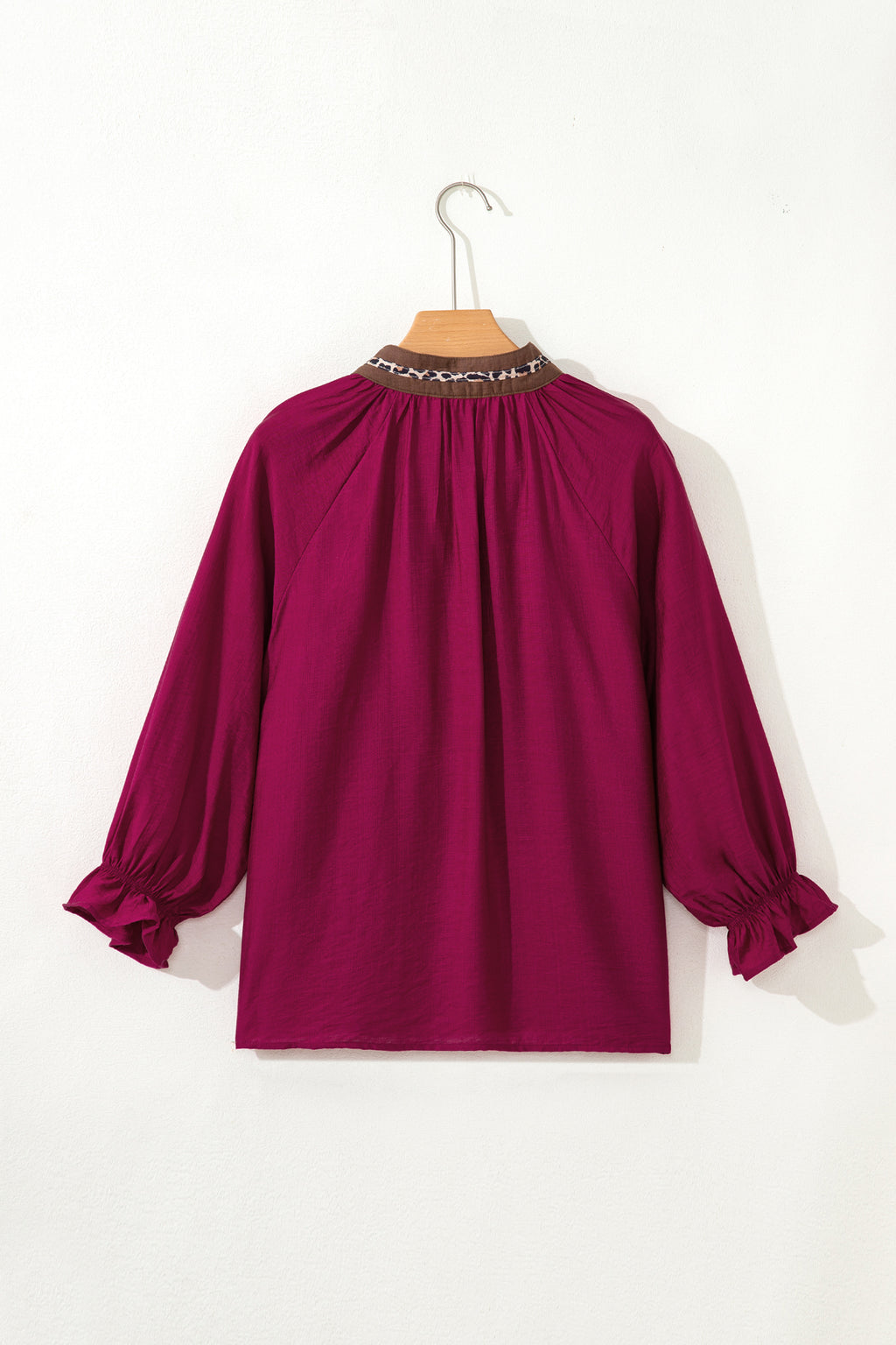 Violet Leopard Trim V Neck Flounced Bracelet Sleeve Blouse