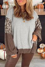 Gray Color Block Leopard Patchwork Dolman Sleeve High Low Baggy Sweatshirt