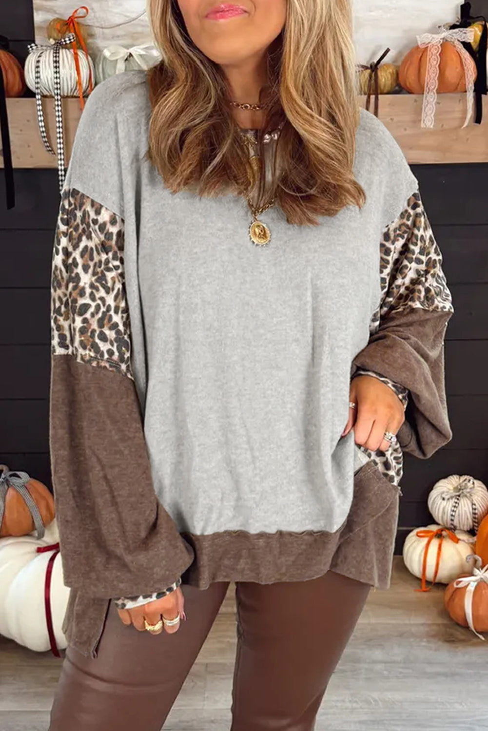 Gray Color Block Leopard Patchwork Dolman Sleeve High Low Baggy Sweatshirt