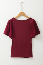 Red Dahlia Mesh Ruffled Sleeve Slim Fit V Neck Top