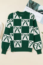 Blackish Green Checkered Bow Print Casual Sweater