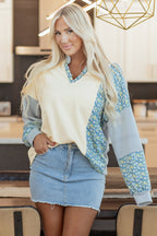 Beige Floral Striped Drop Sleeve Collared Boxy Fit Sweatshirt