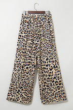 Parchment Leopard Drawstring Elastic Waistband Flowy Wide Leg Pants
