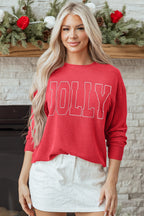 Racing Red Twisted Rib Outlined Merry Letter Graphic Loose Long Sleeve Top