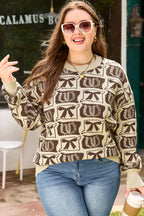 Brown Bow Horseshoe Print Checkered Plus Size Sweater