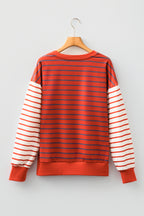 Orange Stripe Contrast Sleeve Patchwork Drop Shoulder Long Sleeve Sweatshirt