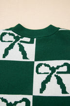 Blackish Green Checkered Bow Print Casual Sweater