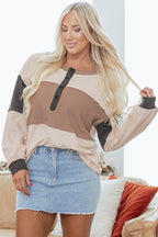 Jet Stream Color Block Waffled Patchwork Loose Henley Top