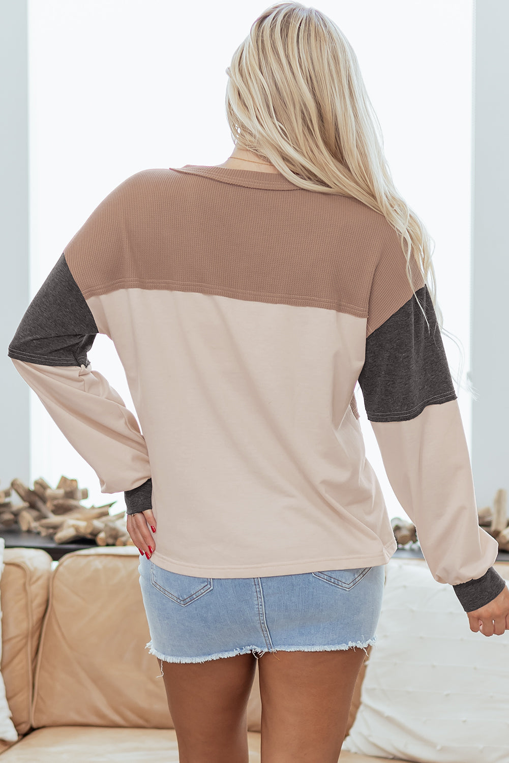 Jet Stream Color Block Waffled Patchwork Loose Henley Top