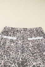 Khaki Plus Size Leopard Print Raw Edge Patch Pocket Drawstring Loose Pants