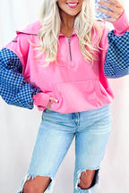 Bonbon Checkered Patchwork Kangaroo Pocket Half Zipper Hoodie