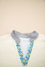 Beige Floral Striped Drop Sleeve Collared Boxy Fit Sweatshirt