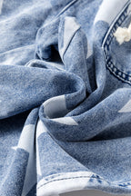 Light Blue Star Print Light Wash Drawstring Elastic Waistband Wide Leg Jeans