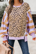 Purple Stripe Color Block Patchwork Leopard Casual Sweatshirt with Slits