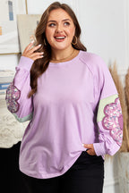 Phalaenopsis Flower Patch Colorblock Plus Size Pullover Top