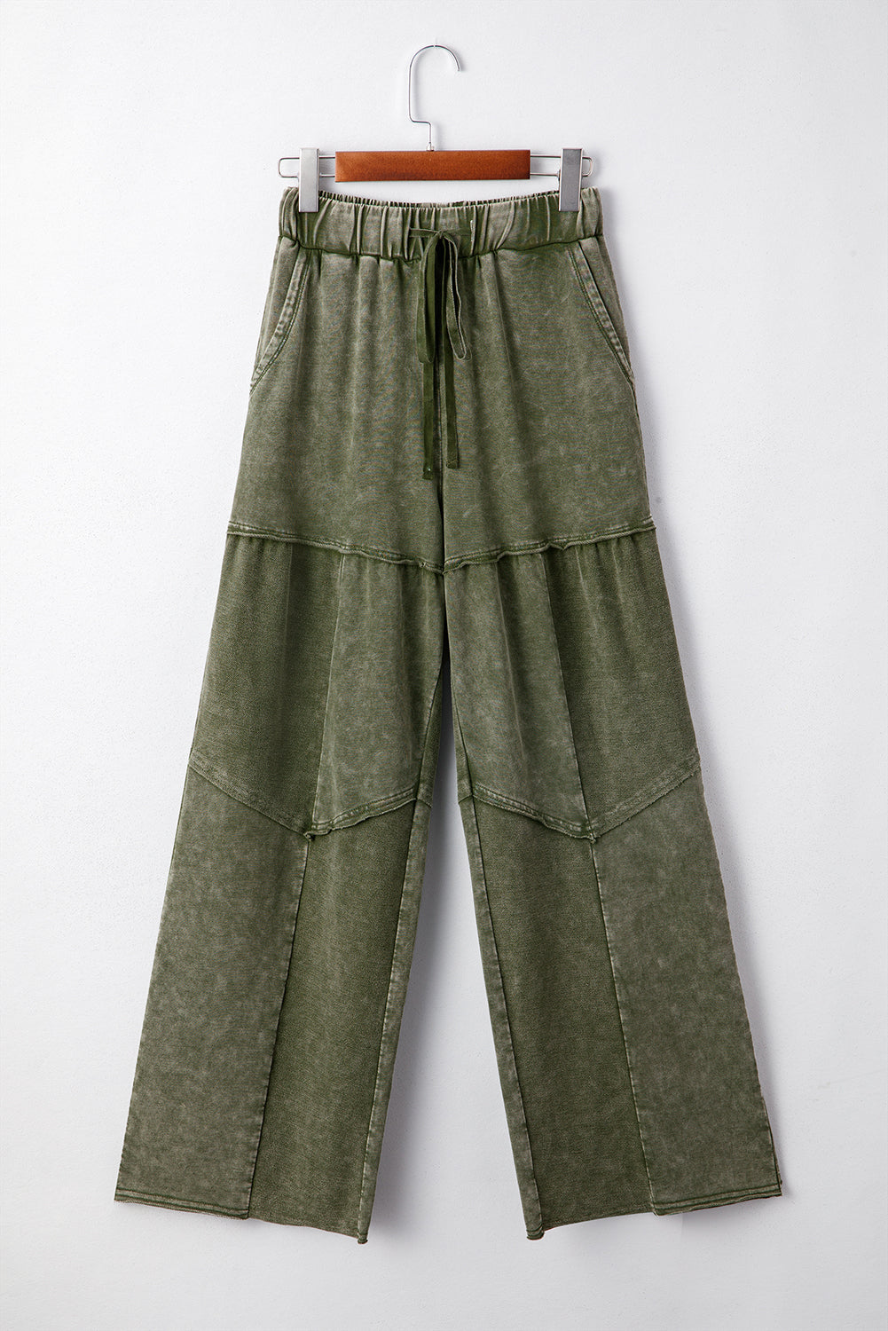 Vineyard Green Mineral Wash Tiered Wide Leg Patchwork Drawstring Pants
