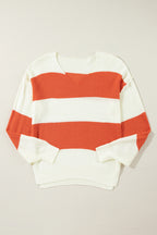 Orange Stripe Loose Color Block Drop Shoulder Bubble Sleeve Sweater