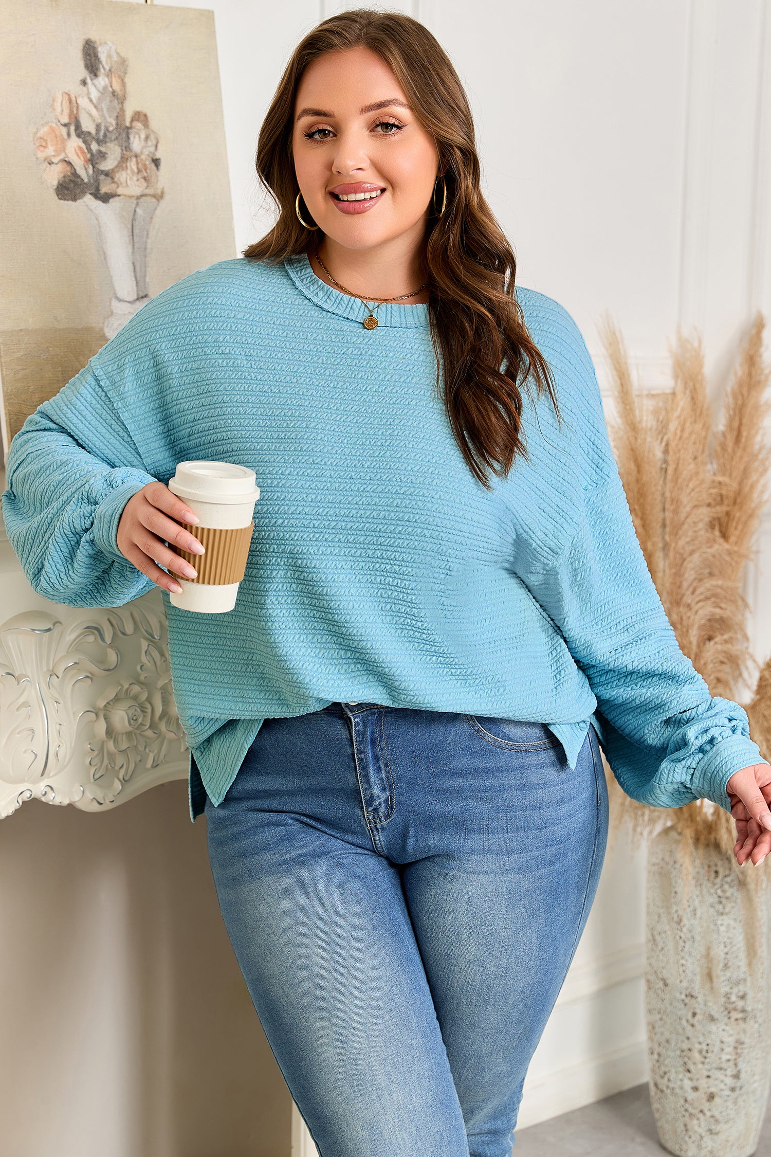 Light Blue Textured Drop Shoulder Plus Size Knit Top