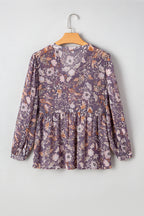 Blue Boho Flower Print 3/4 Sleeve Babydoll Blouse