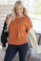 Desert Gold Colorblock Raw Edge Bubble Sleeve V Neck Sweater
