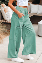 Mint Green Mineral Wash Exposed Seam Drawstring Elastic Waistband Wide Leg Cargo Pants