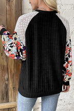 Black Floral Patchwork Long Sleeve Ribbed Blouse