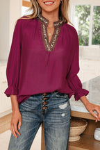 Violet Leopard Trim V Neck Flounced Bracelet Sleeve Blouse