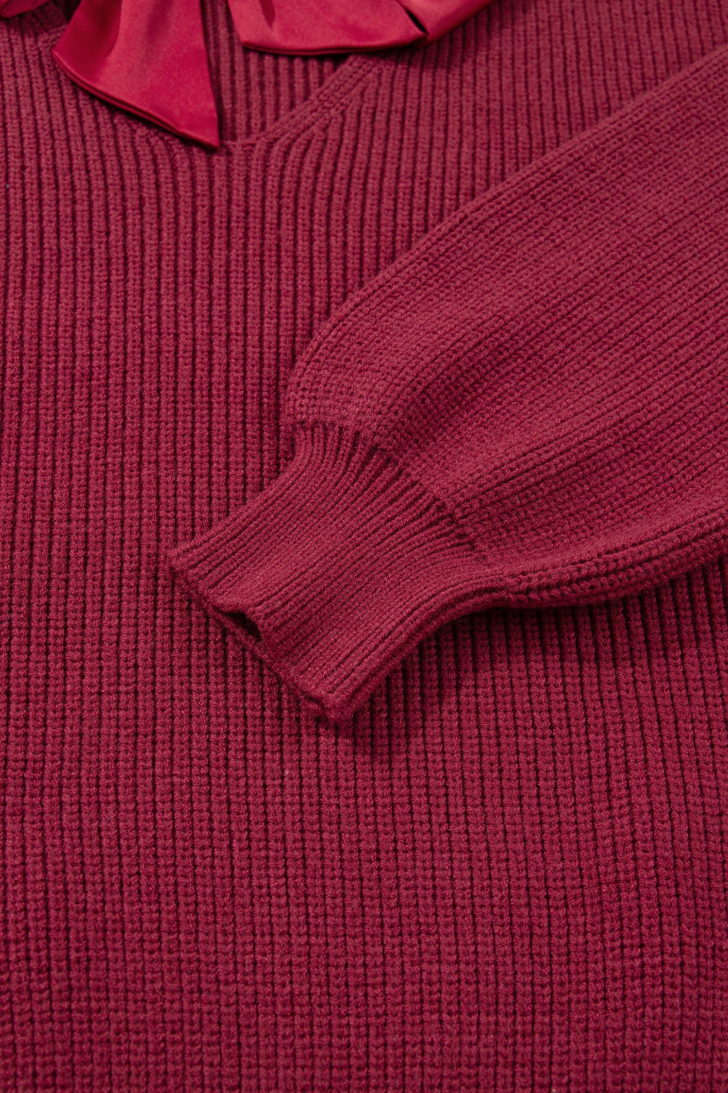 Red Dahlia Ribbed Knit Ribbon Knot Backless Drop Shoulder Sweater