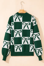 Blackish Green Checkered Bow Print Casual Sweater