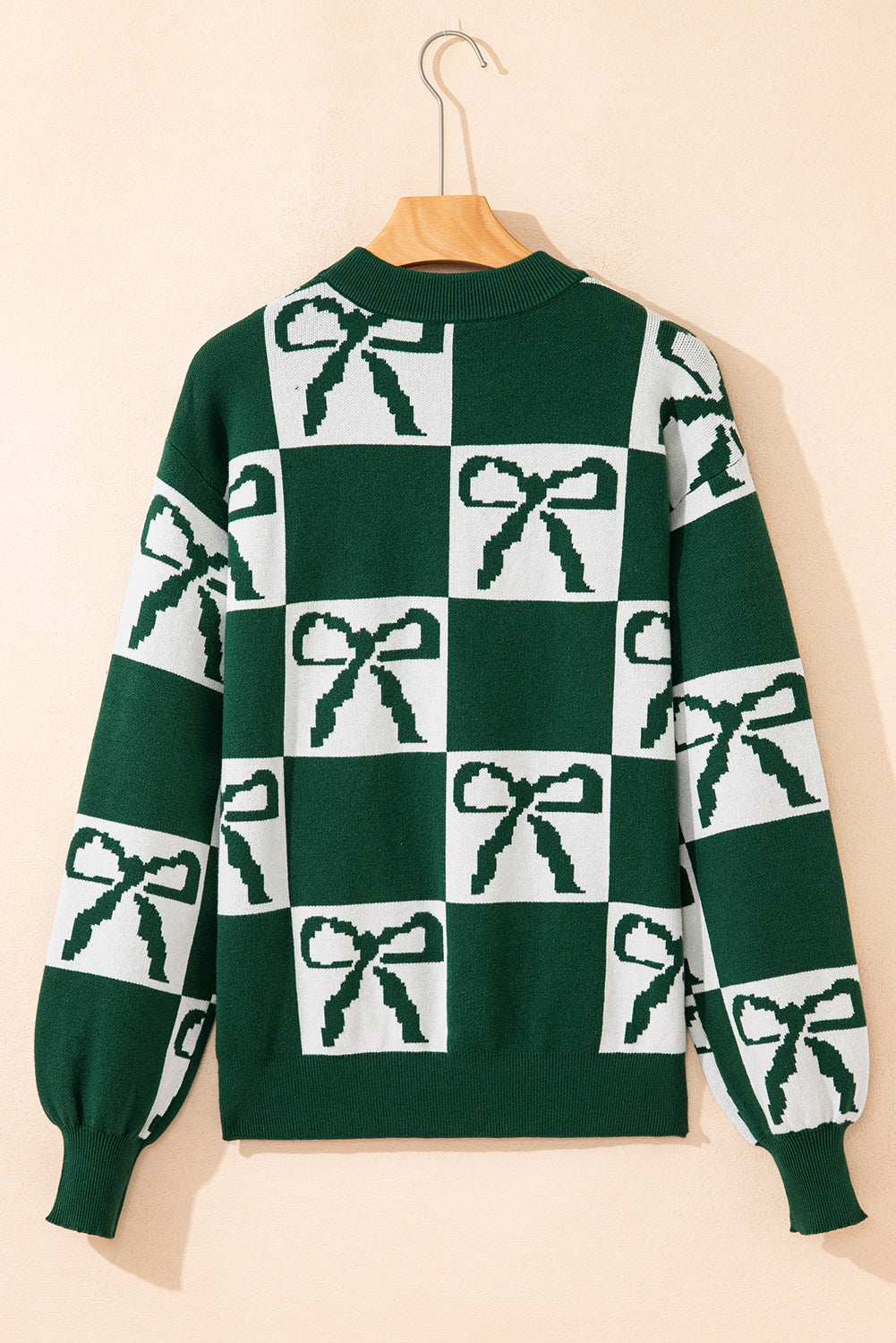 Blackish Green Checkered Bow Print Casual Sweater