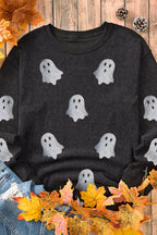 Black Halloween Ghost Corded Crew Neck Loose Sweatshirt