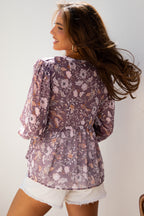 Blue Boho Flower Print 3/4 Sleeve Babydoll Blouse