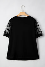 Black Floral Mesh Patchwork Loose V Neck Plus Size T Shirt