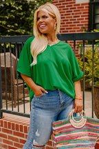 Green Seamed Back High Low Hem V Neck Cuffed Sleeve Plus Size Tee