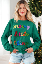 Dark Green merry little thing Corded Letter Graphic Ribbed Loose Sweatshirt