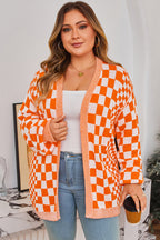 Orange Plus Size Checkered Bubble Sleeve Drop Shoulder Open Cardigan