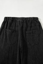 Black Mineral Wash Exposed Seam Drawstring Elastic Waistband Wide Leg Cargo Pants