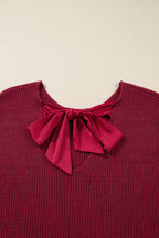 Red Dahlia Ribbed Knit Ribbon Knot Backless Drop Shoulder Sweater
