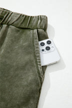 Vineyard Green Mineral Wash Tiered Wide Leg Patchwork Drawstring Pants