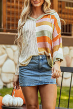 DEAR-LOVER Beige Oversized Colorblock V Neck Hooded Sweater