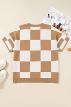 Light French Beige Plus Size Checkered Pattern Knit Short Sleeve Sweater