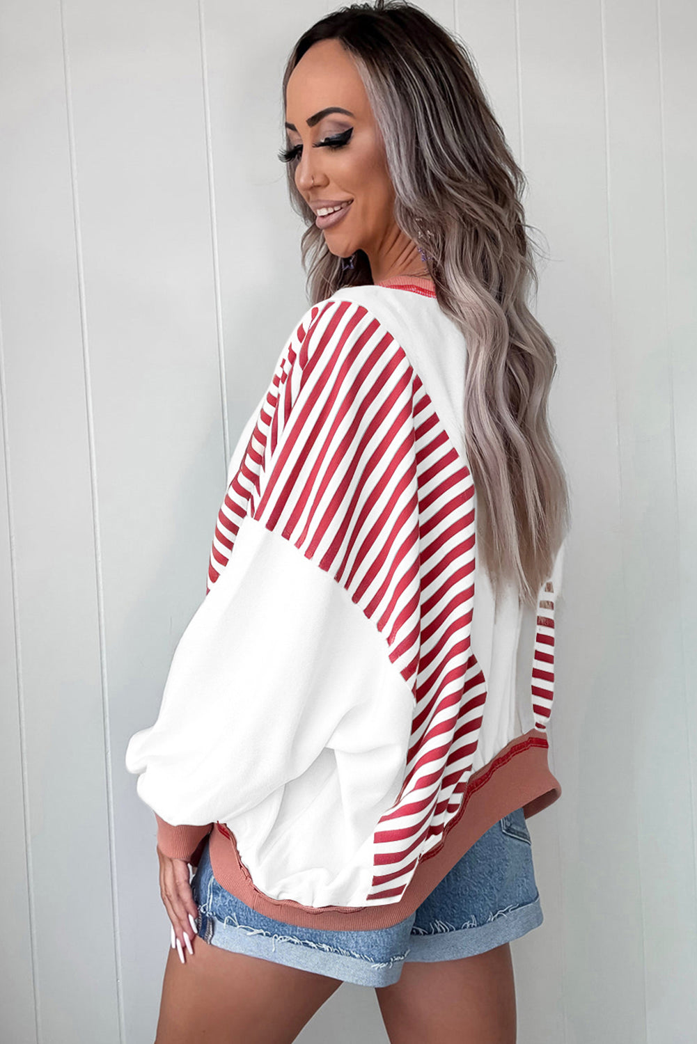 Red Stripe Color Block Patchwork Seam Detail Plus Size Sweatshirt