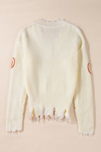 Beige Cable Knit Pumpkin Raw Hem V Neck Loose Sweater