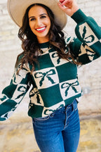 Blackish Green Checkered Bow Print Casual Sweater