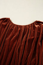 Clay Elastic V Neck Puff Sleeve Short Velvet Dress