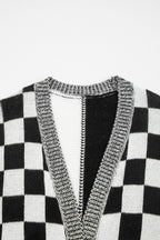 Black Checkered Open Front Drop Shoulder Cardigan