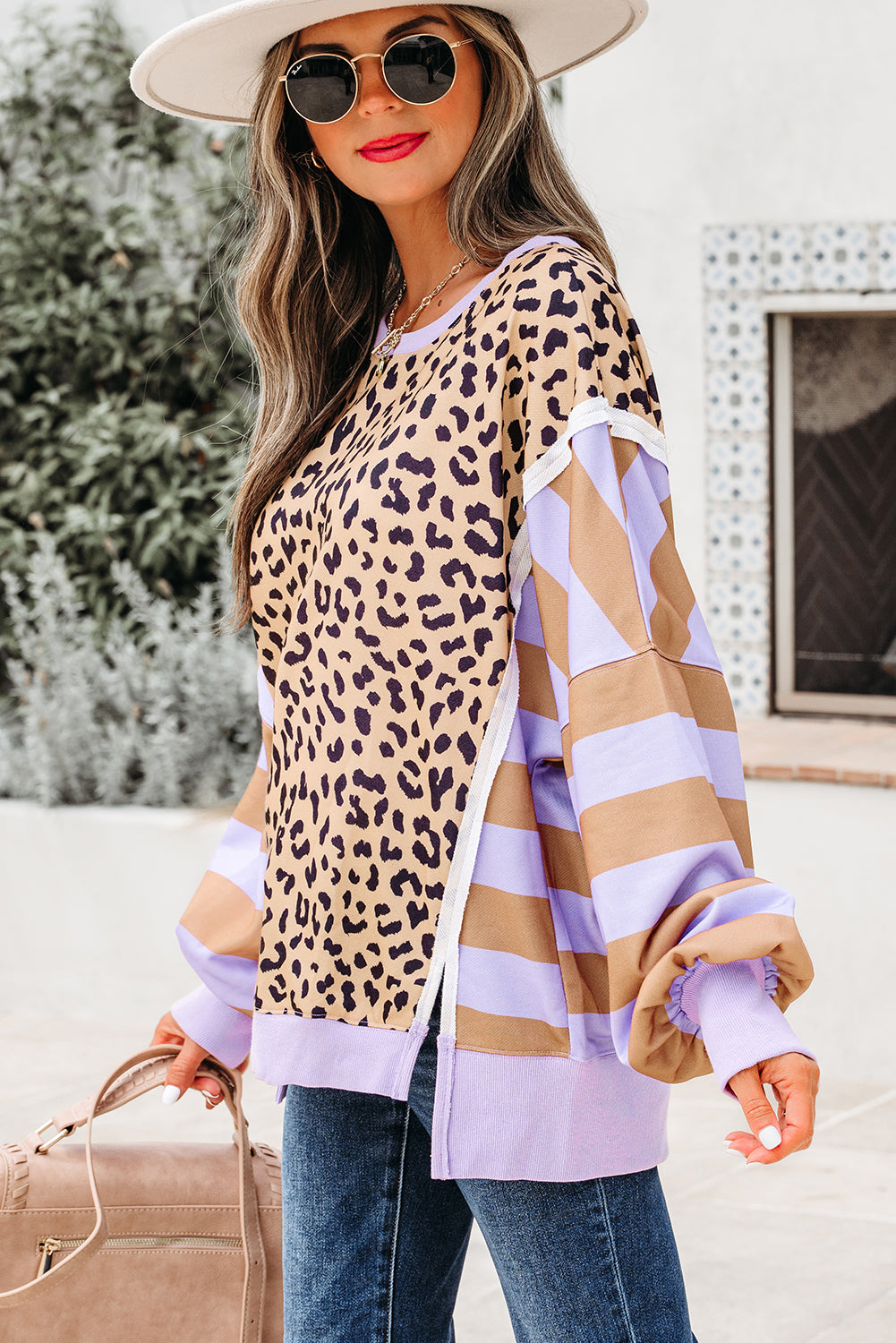 Purple Stripe Color Block Patchwork Leopard Casual Sweatshirt with Slits