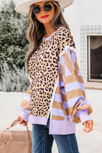 Purple Stripe Color Block Patchwork Leopard Casual Sweatshirt with Slits