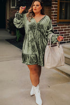 Jungle Green Plus Size Velvet Babydoll Mini Dress with Puff Sleeve